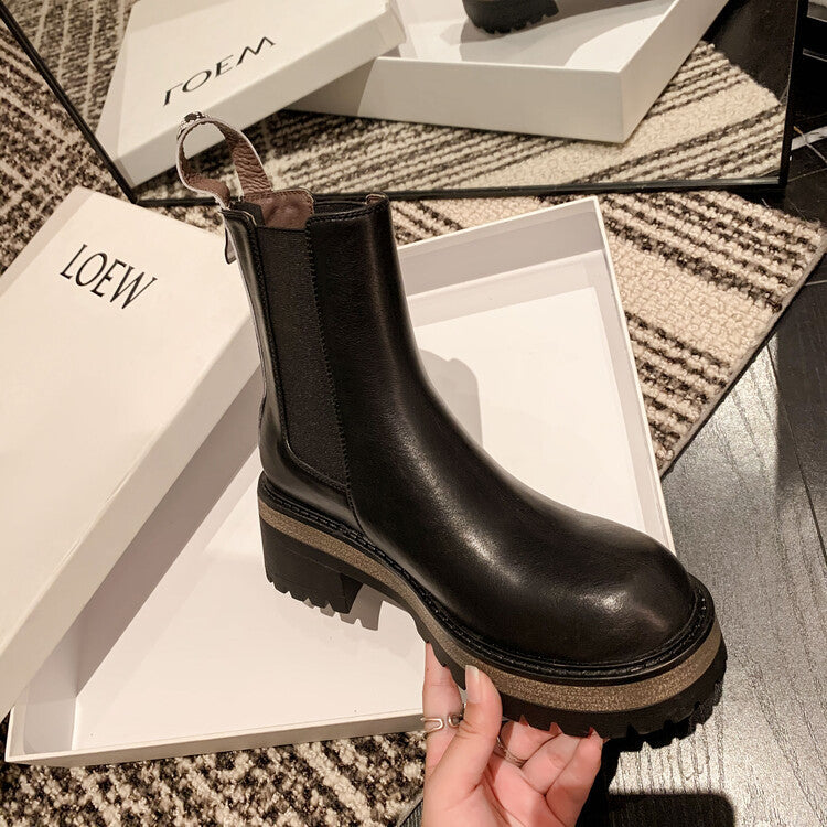 Bottes Martin à bout rond en cuir à talons hauts épais de style coréen pour femmes