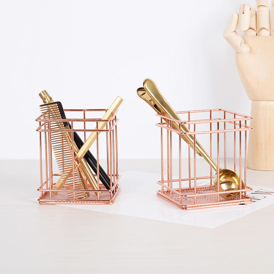 Iron rose gold square round pen holder sundry desktop