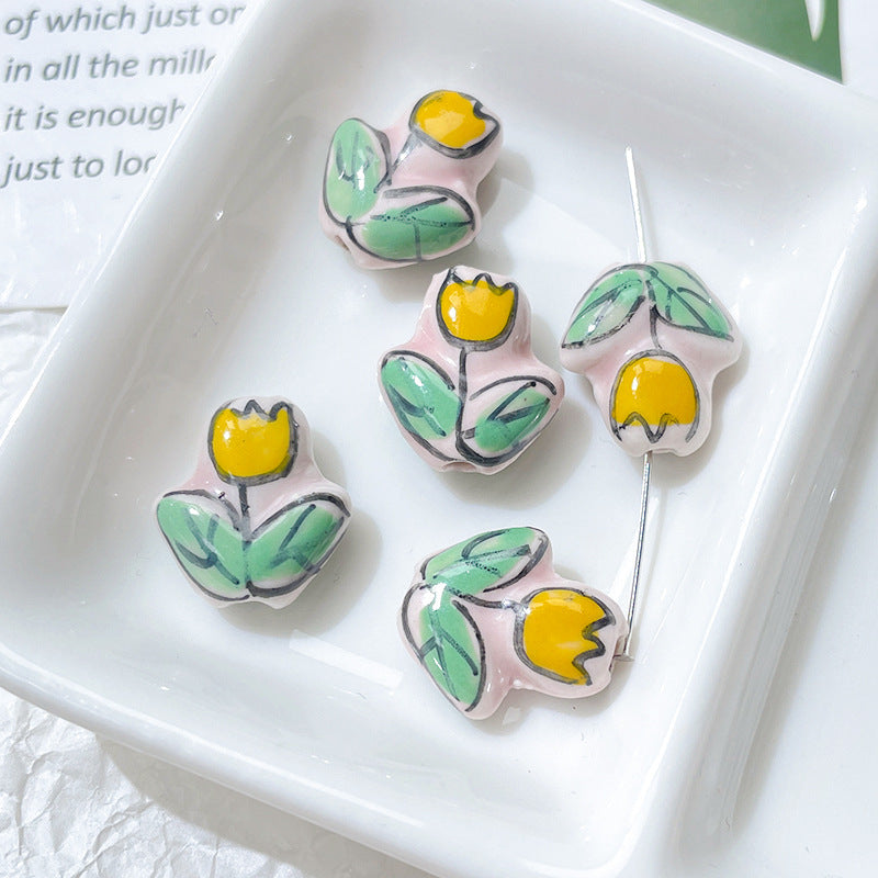 Porcelaine peinte à la main imprimé tulipe perles en céramique perforées bijoux à bricoler soi-même accessoires matériaux