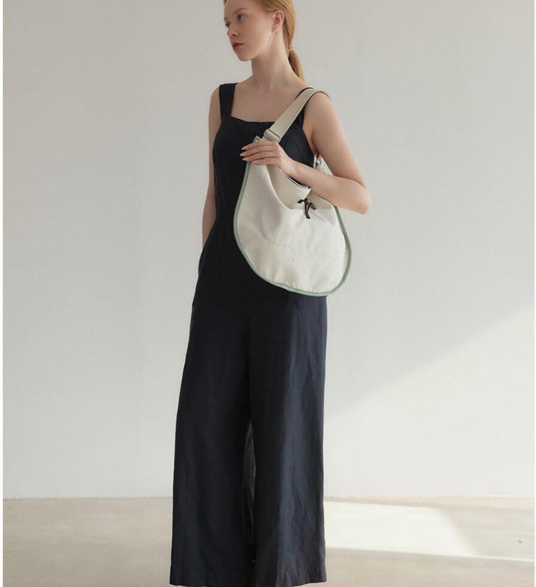 Contrast Color Texture Drawstring Tote Large Capacity Canvas Stitching Leather Simple Bag