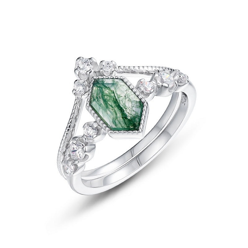 Bague femme en argent S925 incrustée de pierre de mousse verte