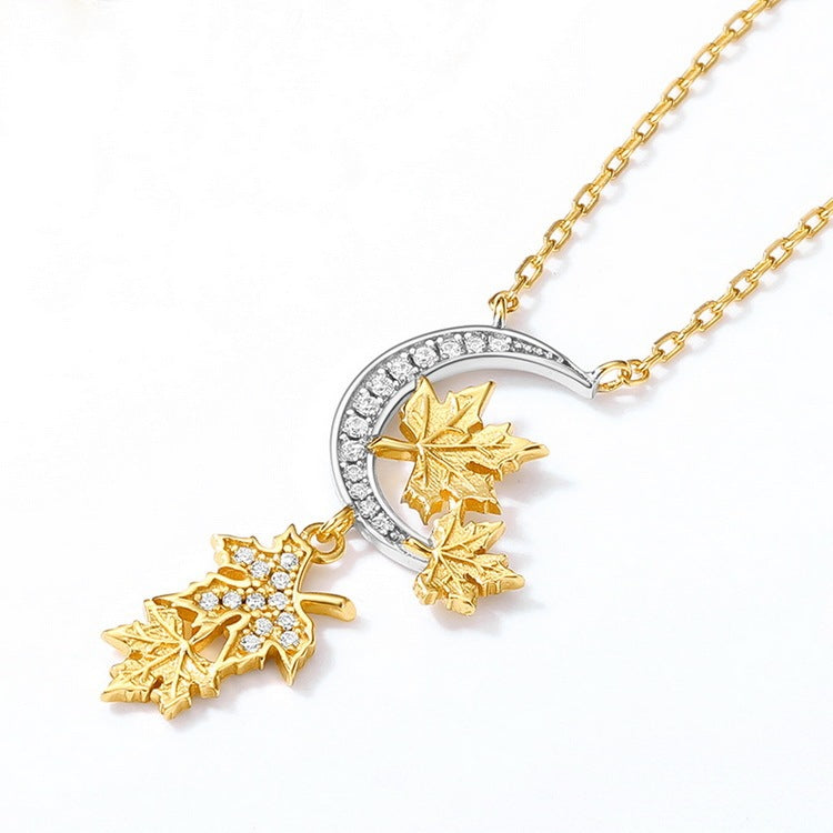 Autumn Winter Japanese And Korean Maple Leaf White Zirconium 925 Silver Necklace Women's