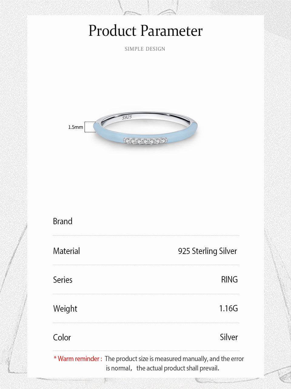 S925 Sterling Silver Blue Enamel Ring