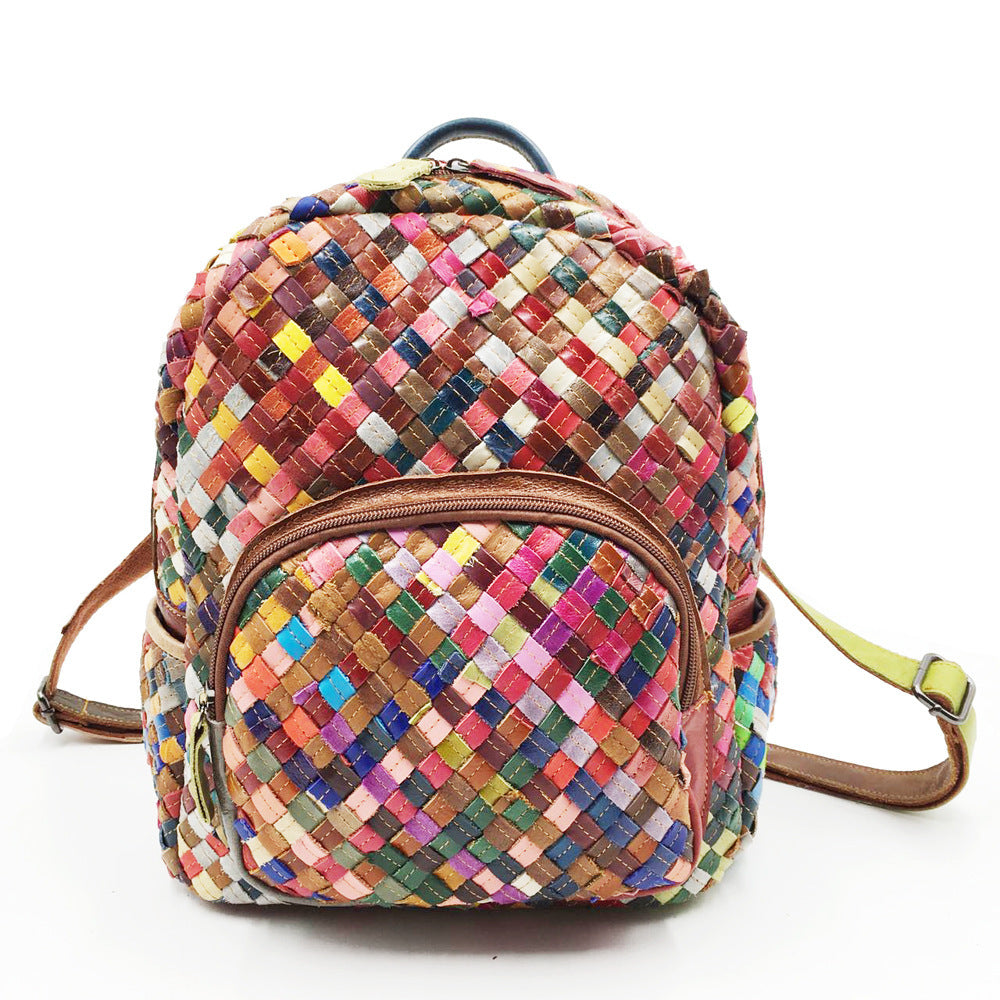 Sac à dos tissé à la main en cuir de vache de couleur couture pour femme