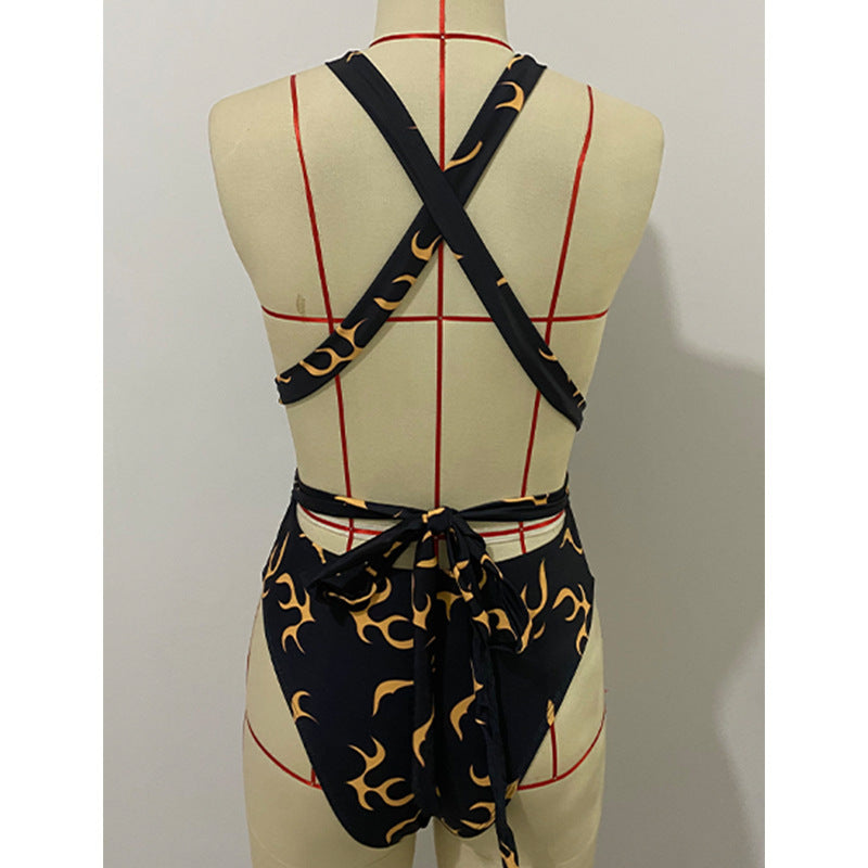 Maillot de bain bikini imprimé flamme à rayures pour femme