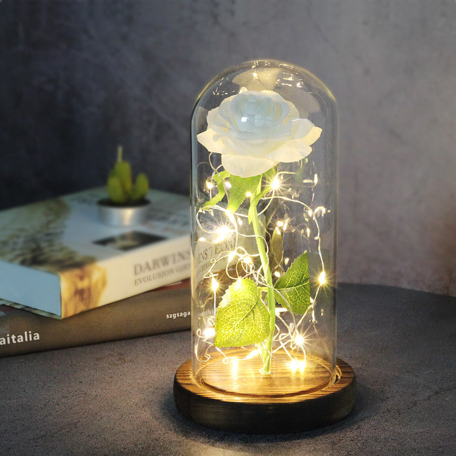 Fleur de rose éternelle enchantée dans une décoration de Noël lumineuse à LED en verre
