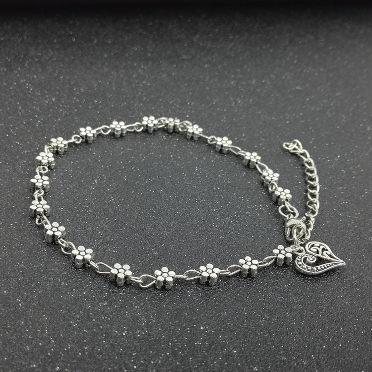 Bracelet de cheville tibétain en argent creux en forme de fleur de prunier, ornements de pied en forme de cœur
