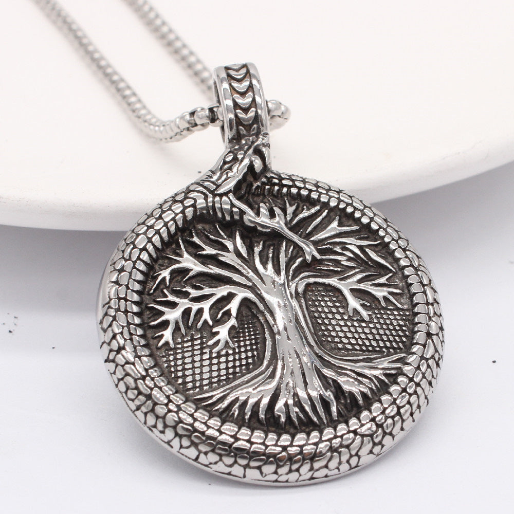 Viking Lucky Tree Titanium Steel Round Plate Pendant Necklace