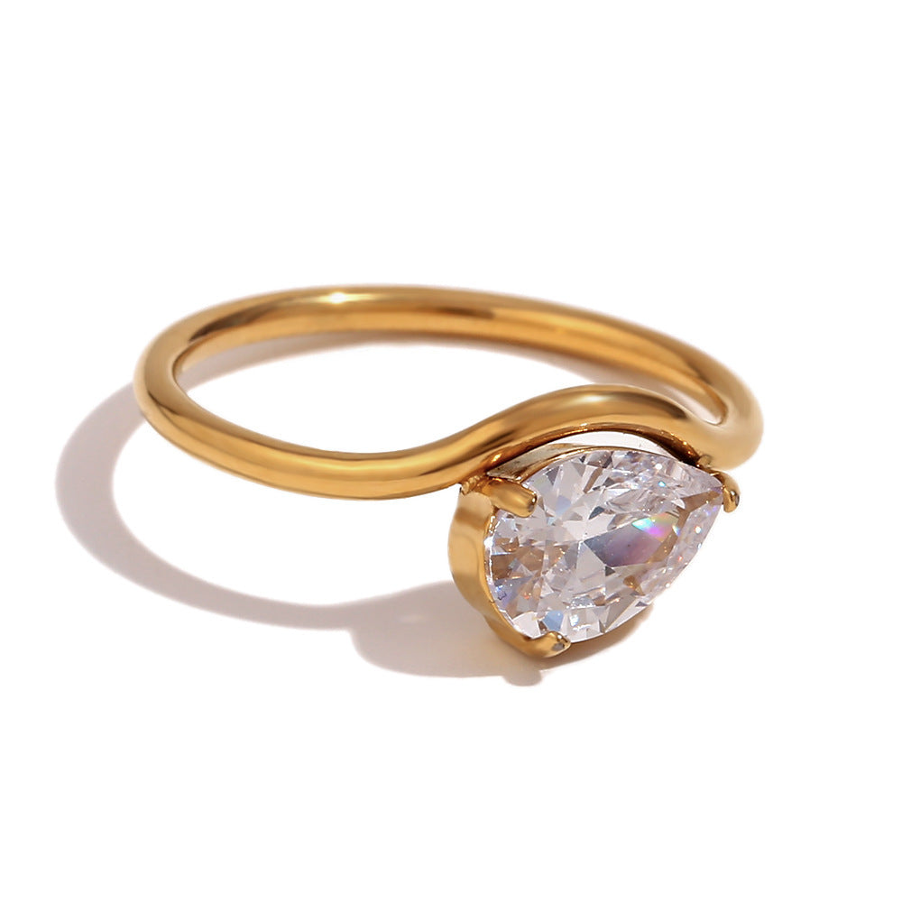 Affordable Luxury Fashion Waveform Ring Shank Gold Zircon Ring Stainless Steel Plated 18K