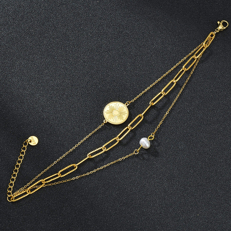 Bracelet en titane et acier, or 18 carats, trois couches, motif foncé, perles rondes, ornement