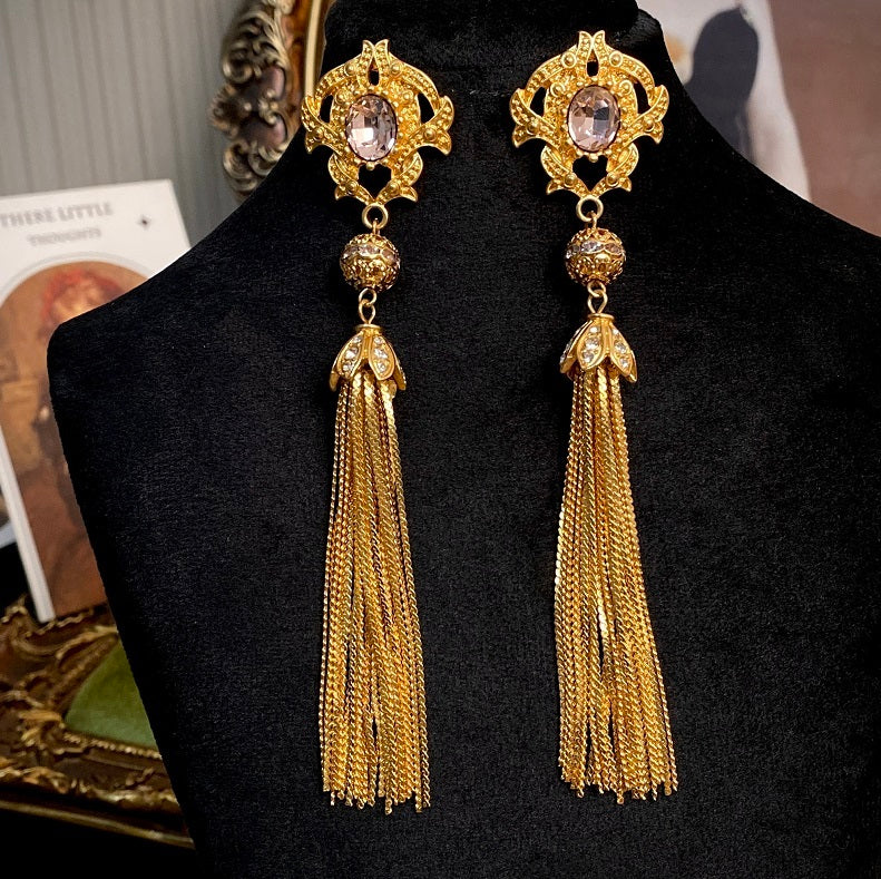 Vintage Court Style Exaggerated Tassel Diamond Silver Pin Earrings