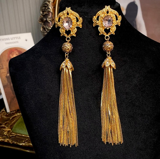 Vintage Court Style Exaggerated Tassel Diamond Silver Pin Earrings