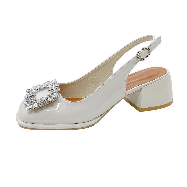 French Retro Rhinestone Buckle Chunky Heel Elegant Sandals