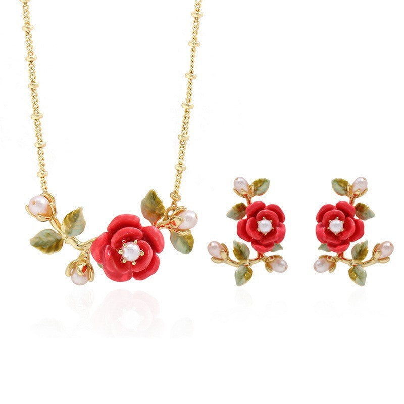 Boucles D'oreilles Corolle Rose Fleur Rouge Corail Perle Branches Et Feuilles Or