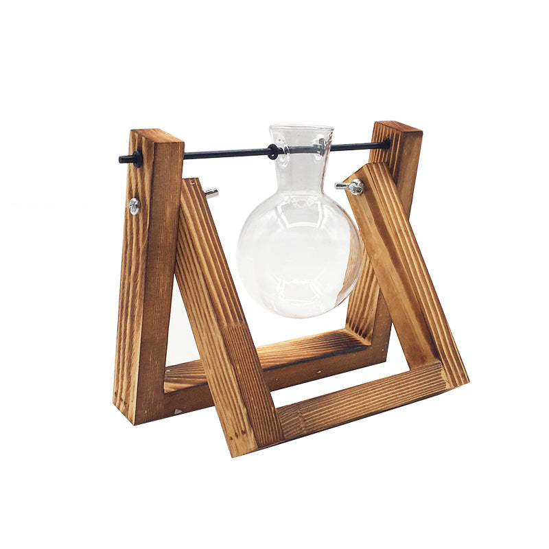 Vase en verre de récipient de plante hydroponique de support en bois d'oscillation
