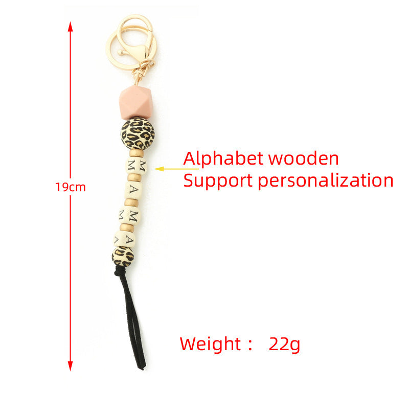 Letter Wood Wafer Silicone Bag Pendant Leopard Chain Keychain