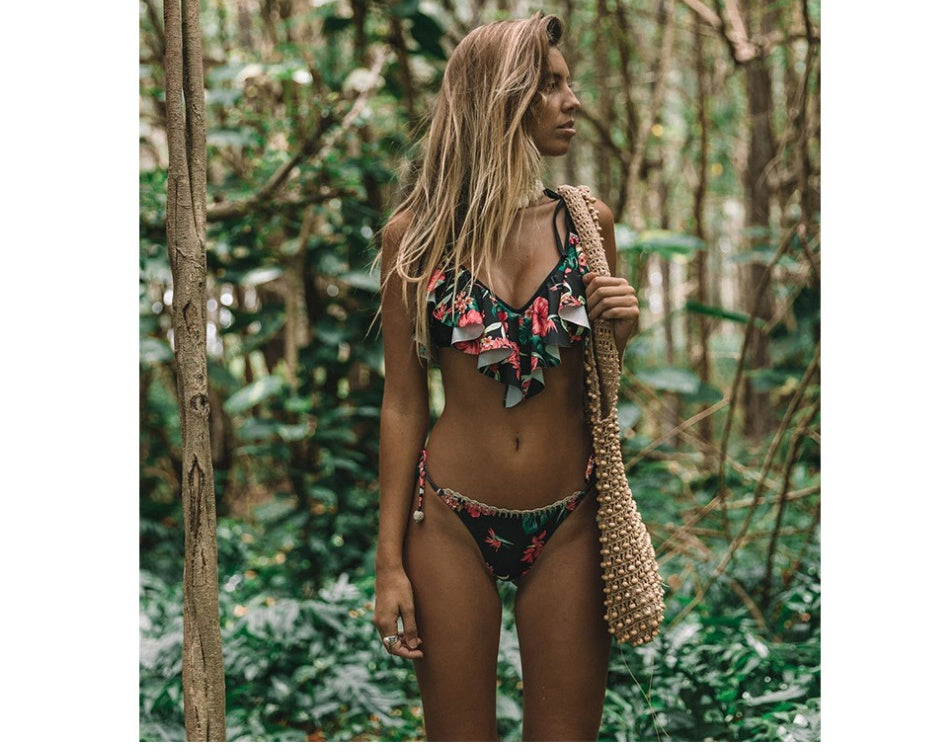 Maillot de bain bikini fendu imprimé feuilles bohème 