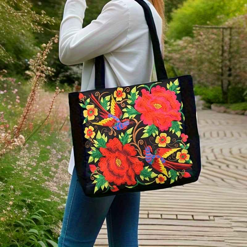 Sac à bandoulière brodé de style ethnique, sac de courses portable de grande capacité