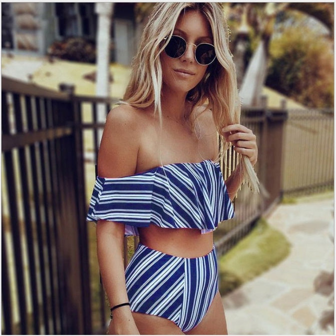 Sexy blanc noir rayé taille haute Biquini à volants maillot de bain maillot de bain maillots de bain femmes hors épaule Bikini