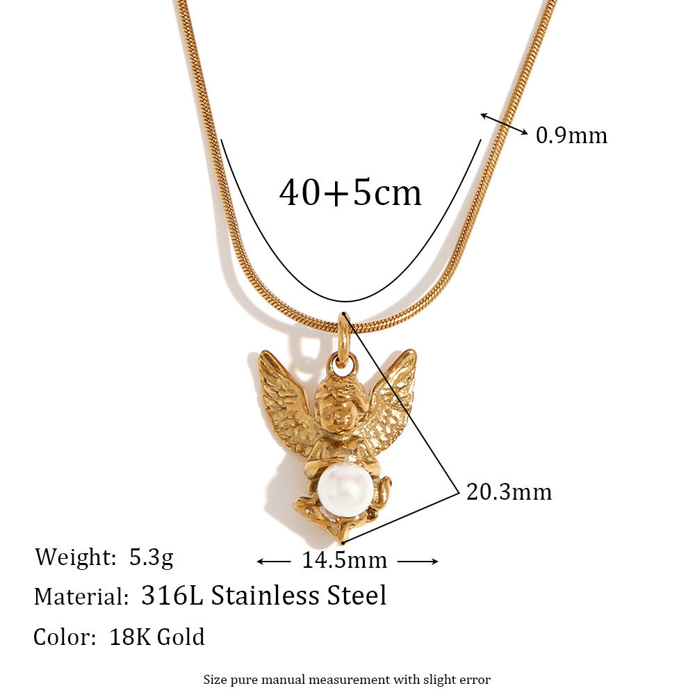 Collier élégant Vintage en acier titane plaqué or 18 carats, Mini collier d'ange en perles, boucles d'oreilles