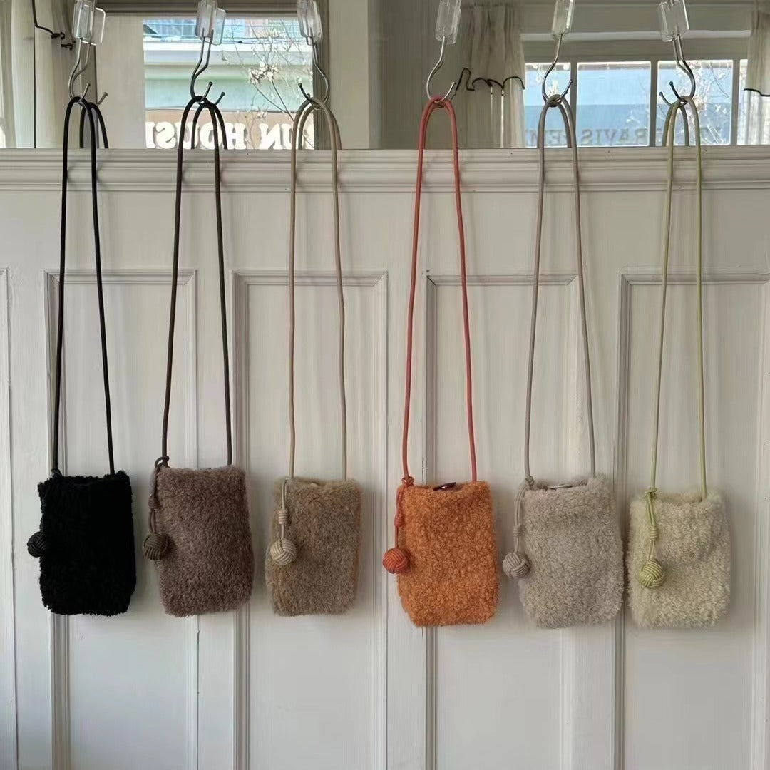 Fashion Crossbody Women Bag Lamb Fur Cute Little Ball Ornaments Mobile Phone Compact Mini