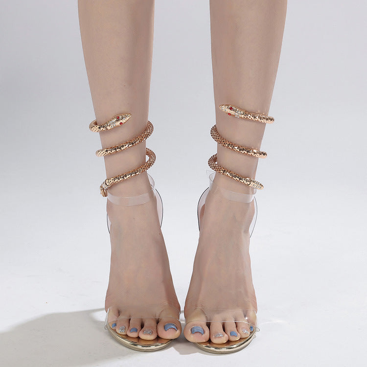 Strass sandales à talons hauts enroulement en forme de serpent bout rond Transparent grande taille talons hauts femmes