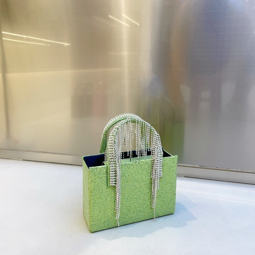 Bolso cuadrado pequeño con cadena de borlas de diamantes de imitación rojos de National Network, portátil de moda