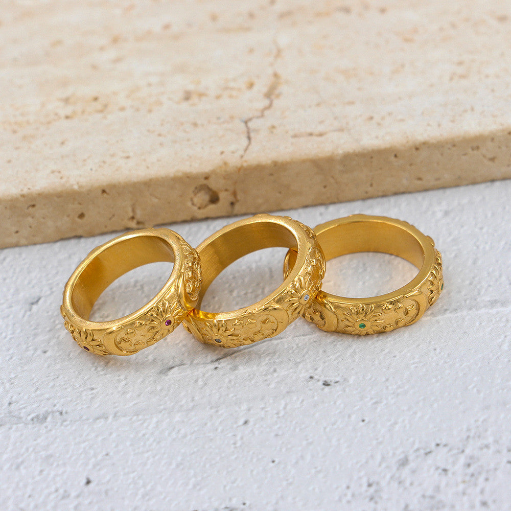 Sun Moon And Star Zircon Stainless Steel Ring