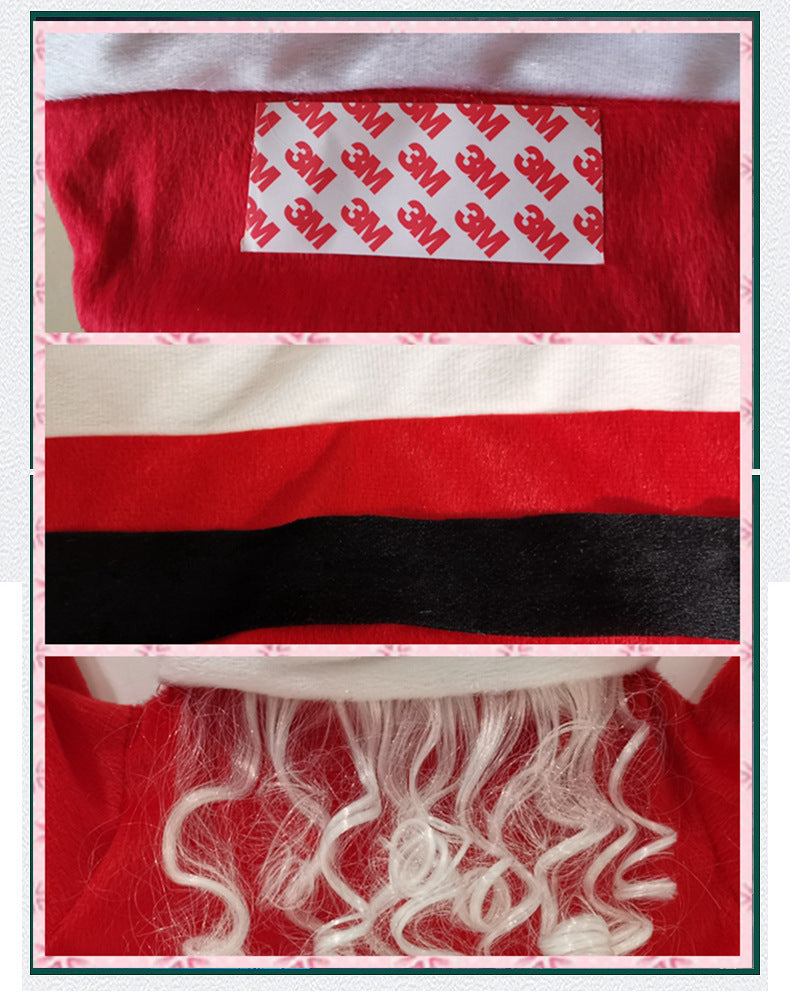 Le père noël grimpe au mur pour décorer des vêtements, ornements, cadeaux, décoration de noël