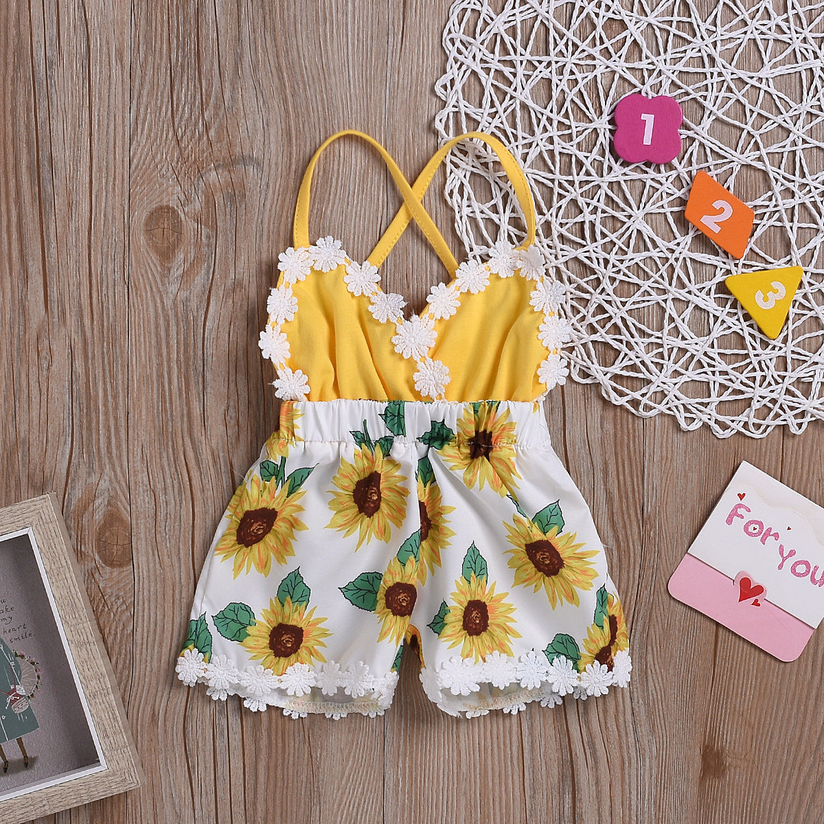 Ropa para niños Monos para bebés y niñas Mono de encaje con tirantes de girasol para niños
