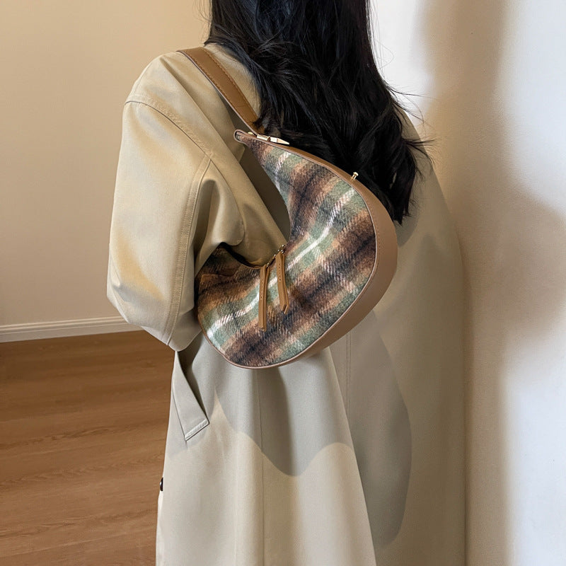 Women's Fashion Color Contrast Plaid Retro Hand Carrying Dumpling Bag