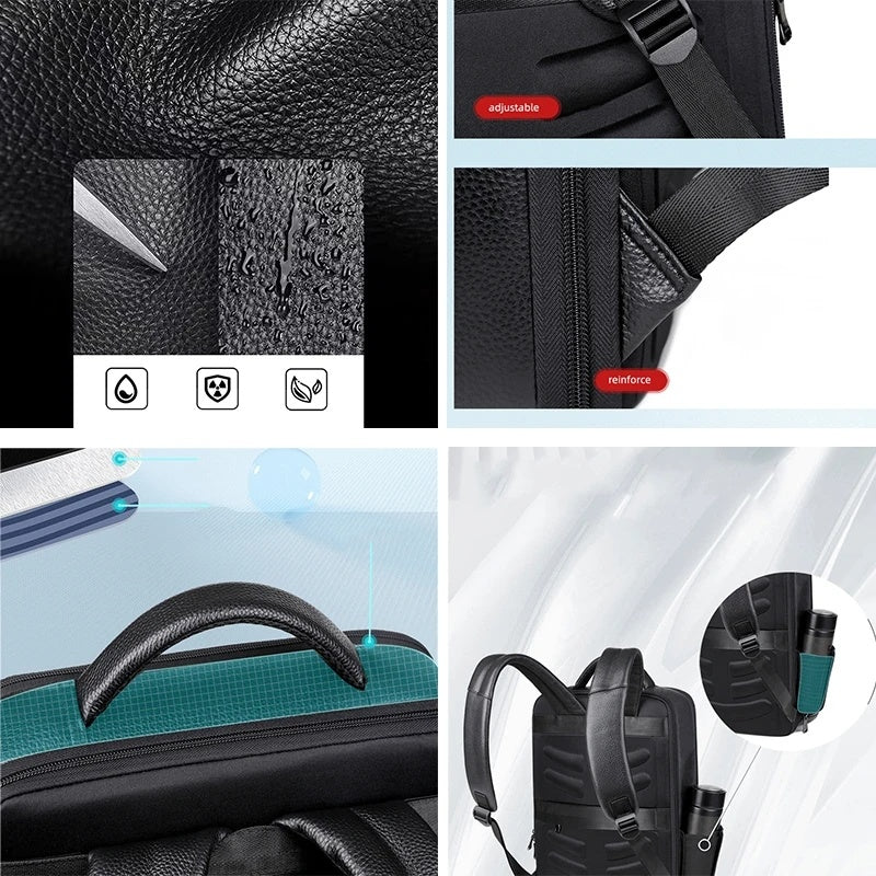 Bolso de viaje de gran capacidad impermeable y antirrobo con carga USB de cuero para hombres