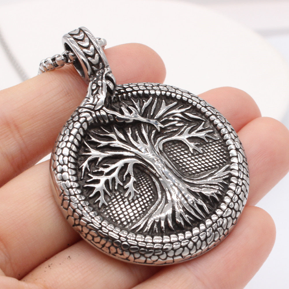 Viking Lucky Tree Titanium Steel Round Plate Pendant Necklace