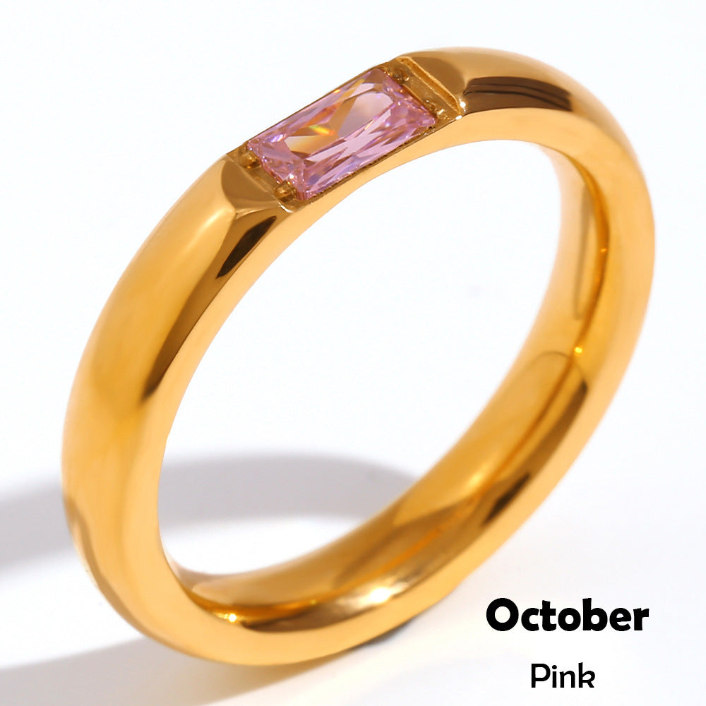 Stainless Steel Plated 18K Gold Rectangular Zircon Birthstones Ring