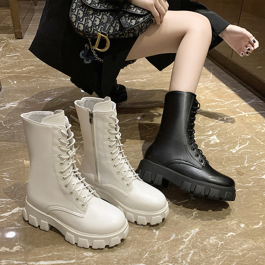Bottes Martin à plateforme pour femmes, bottes mi-longues avec fermeture éclair latérale