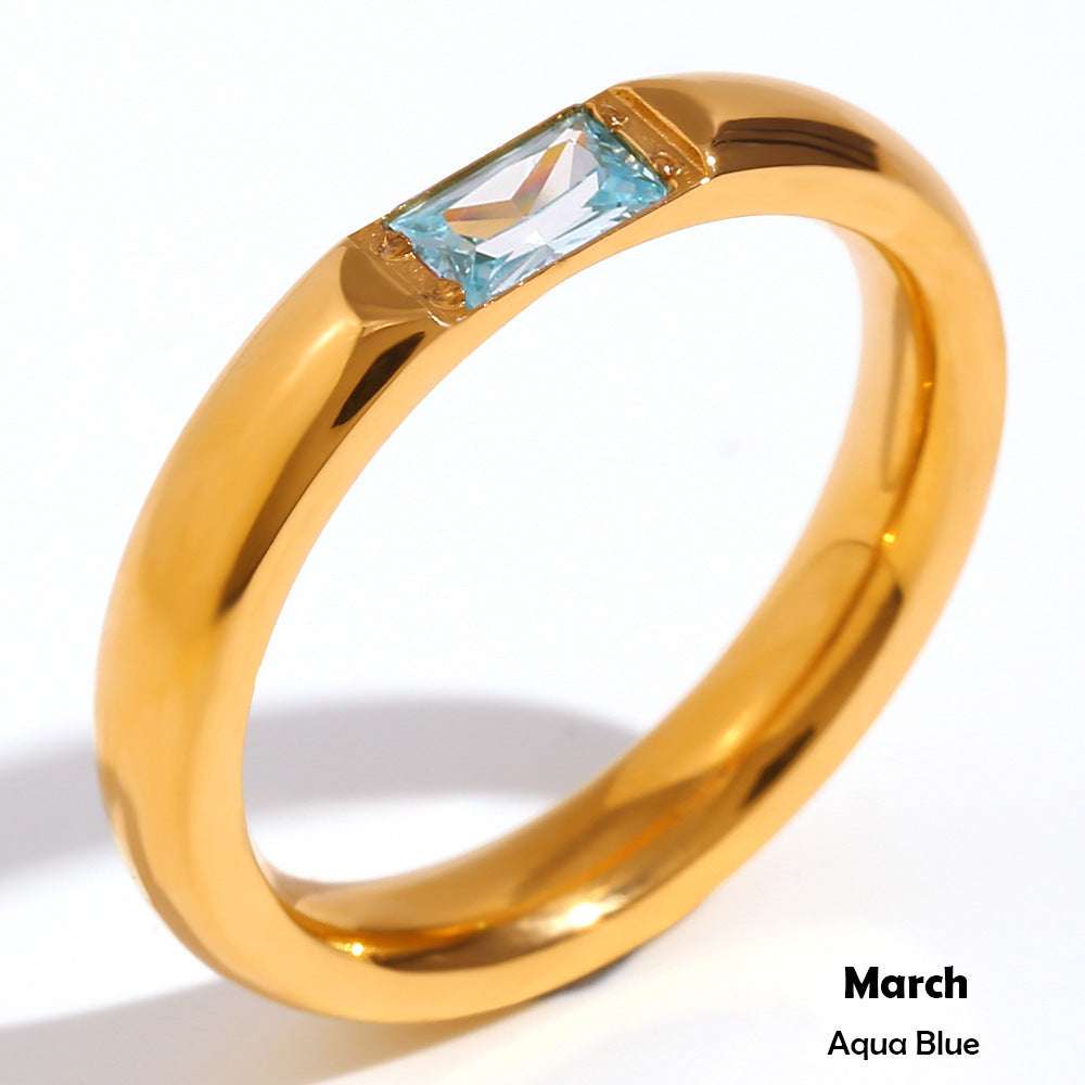 Stainless Steel Plated 18K Gold Rectangular Zircon Birthstones Ring