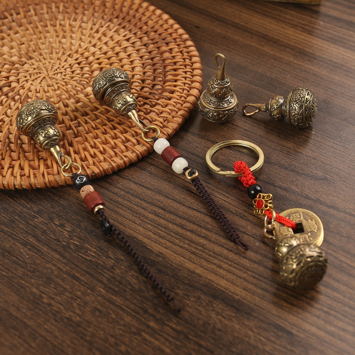 Pendentif porte-clés rétro en cuivre pur, gourde riche, ouverture centrale