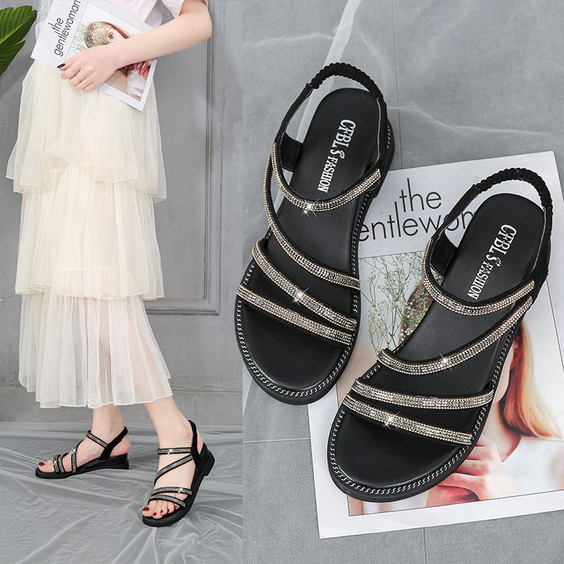 Sandales d'été décontractées pour femmes, Style coréen, plates, pour l'extérieur, strass, fée, assorties avec tout, mode, antidérapantes
