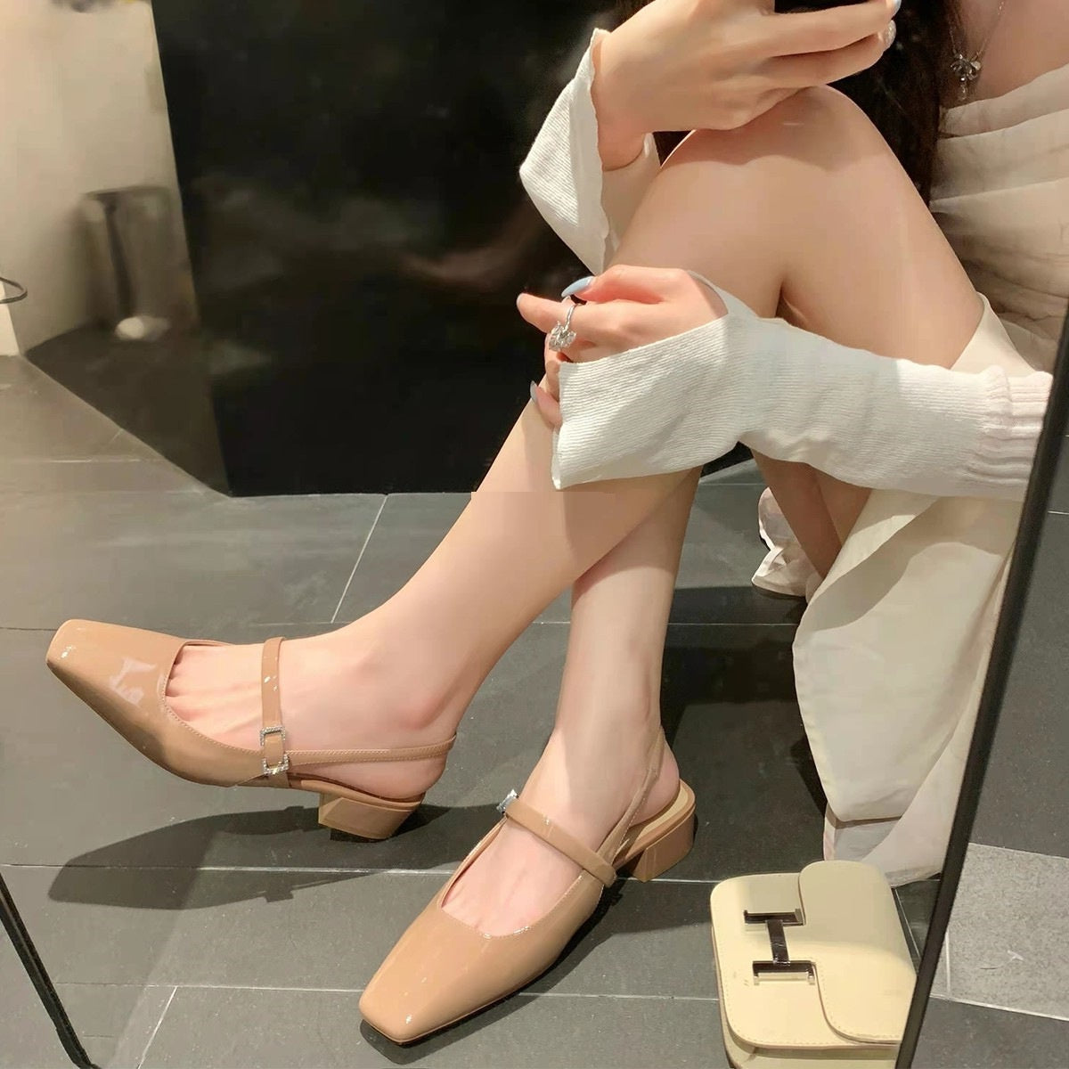 Chaussures Mary Jane françaises à bout carré et strass, boucle carrée, talon épais