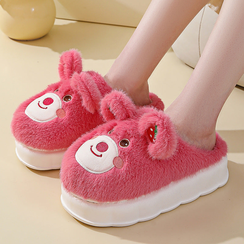Zapatillas de algodón de tacón alto para mujer, pantuflas mullidas con parte inferior gruesa de dibujos animados, oso bonito y corazón para el hogar, cálidas para invierno