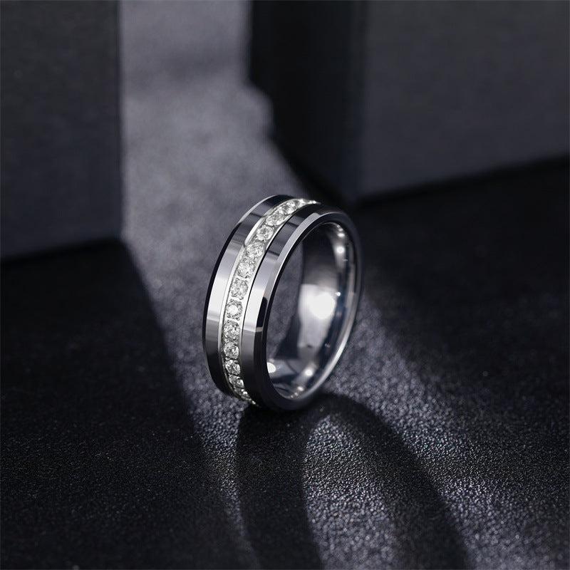 Bague en tungstène argenté unisexe à une rangée de diamants incrustés de pente