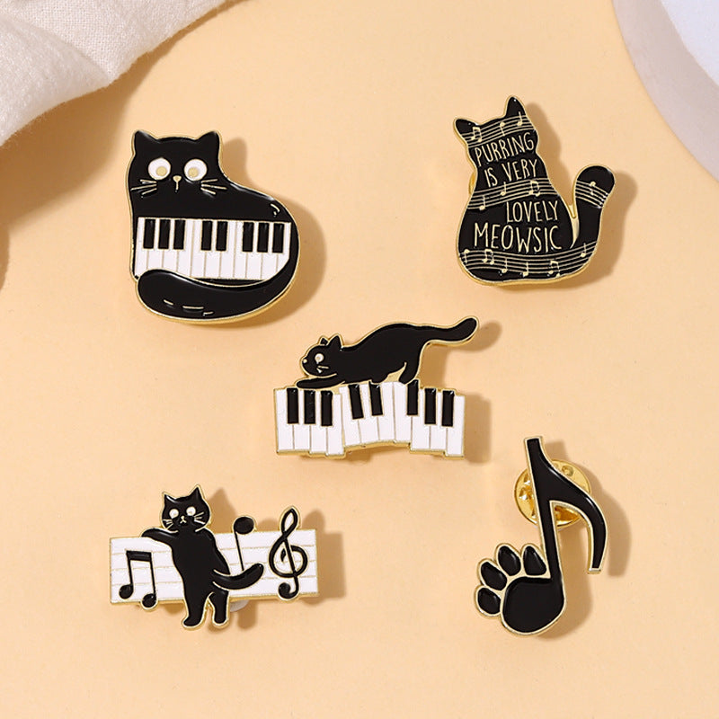 Broche en alliage de notes de piano de chat noir mignon