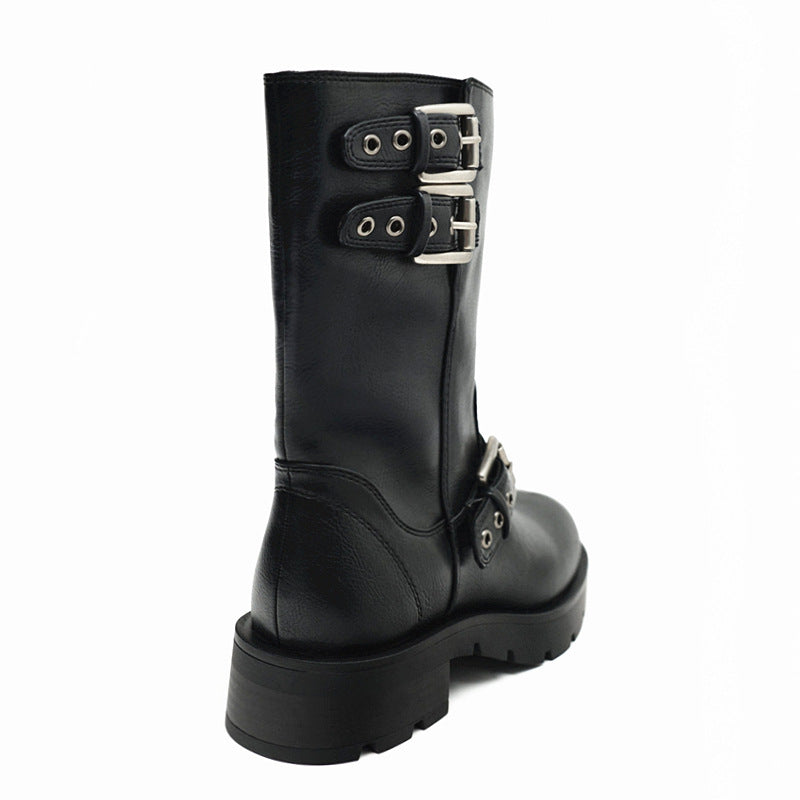 Botas Martin con tacón grueso y parte inferior gruesa, botas de moto con hebilla