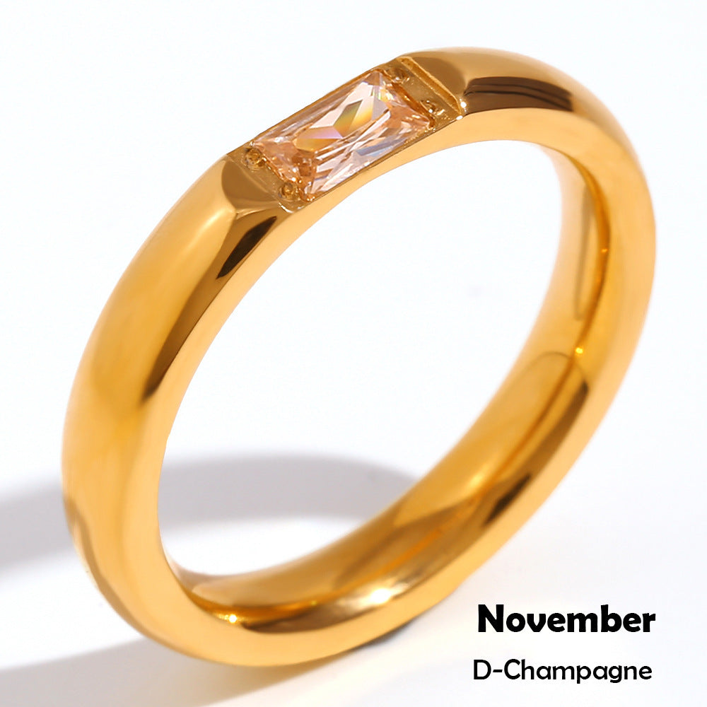 Stainless Steel Plated 18K Gold Rectangular Zircon Birthstones Ring