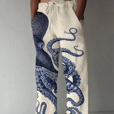 Men's Loose Casual Straight-leg 3D Printed High Waist Wide Leg Pants