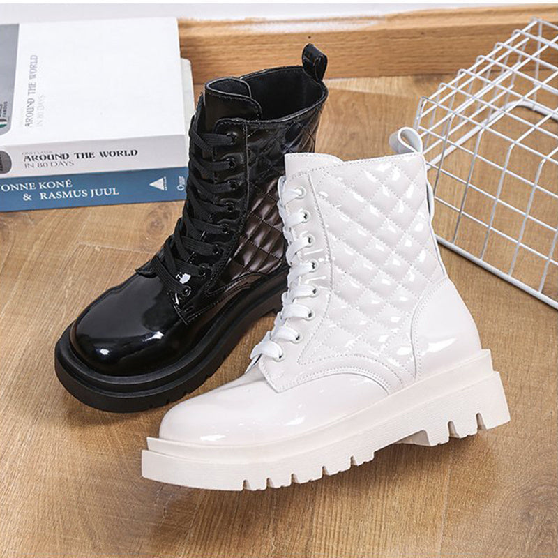 Botas de tacón grueso con cordones para mujer, botines informales con plataforma y punta redonda, zapatos de moto minimalistas con patrón acolchado a la moda, para invierno