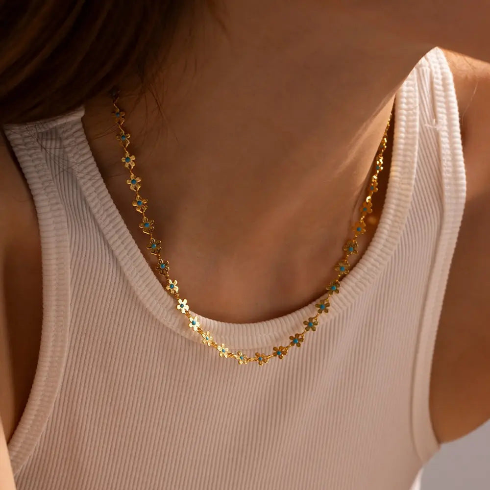 Gold Blue With Flowers Drop Oil Necklace Titanium Steel