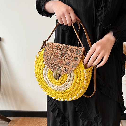 Petit sac rond à bandoulière pour vacances en bord de mer, sac rond en paille pour gâteau