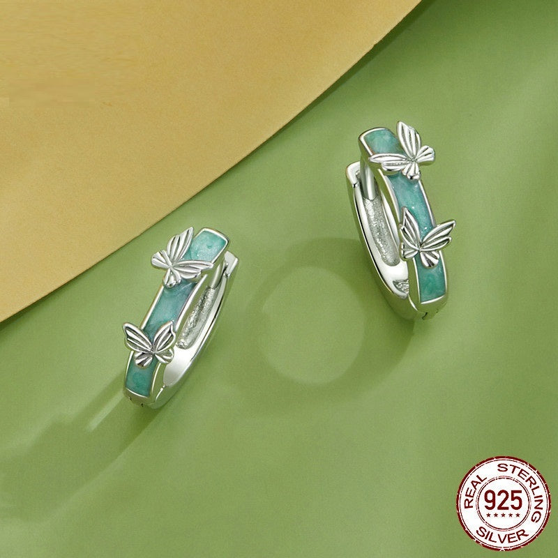 Simple Green Butterfly Ear Clip S925 Sterling Silver Earrings Jewelry