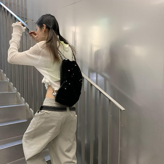 Mochila con cadena y cordón de diamantes coloridos empalmados para mujer